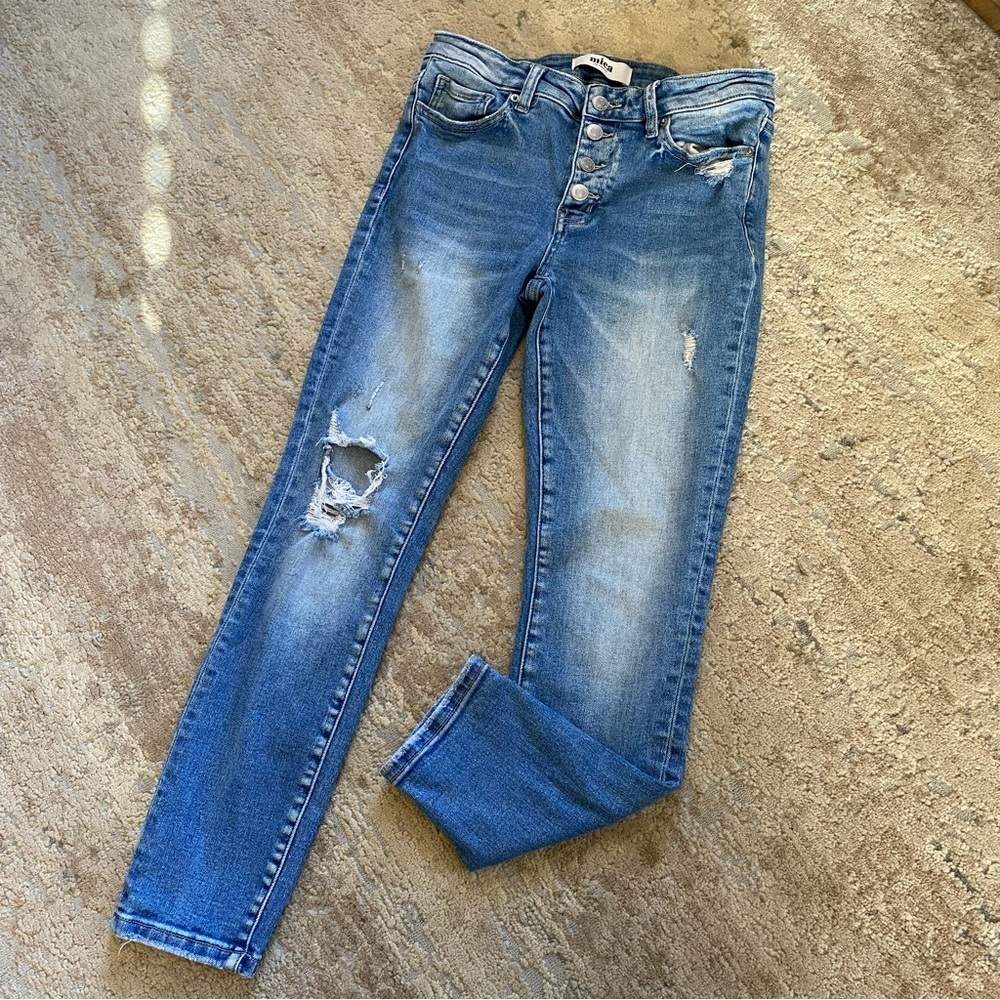 Mica Blue Distressed Women Skinny Jeans Ripped Medium Wash Button Fly: 28